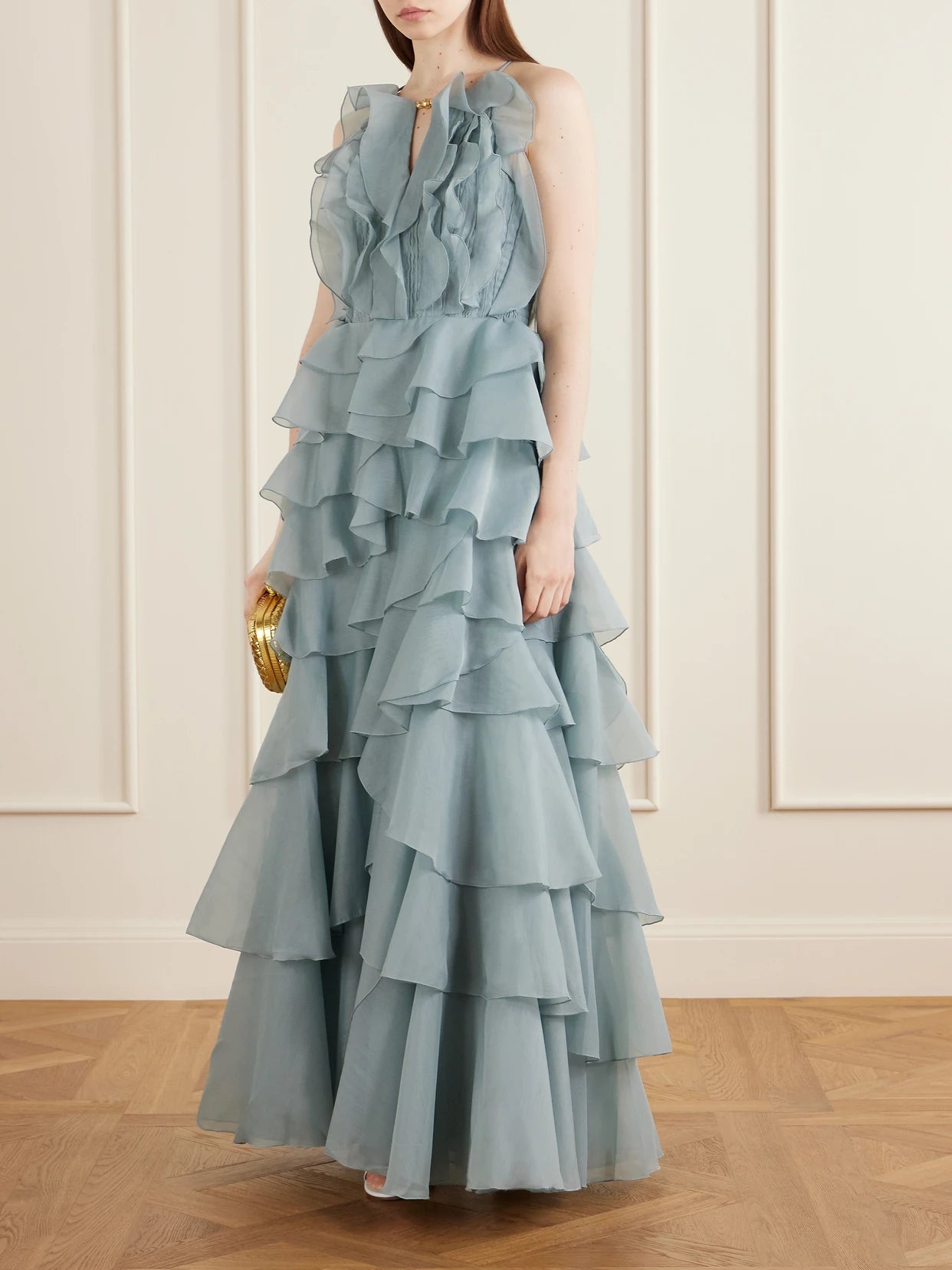 Image of Dresses. Product name - Cleo Ruffled Tiered Organza Gown in Blue colour by brand - Aje