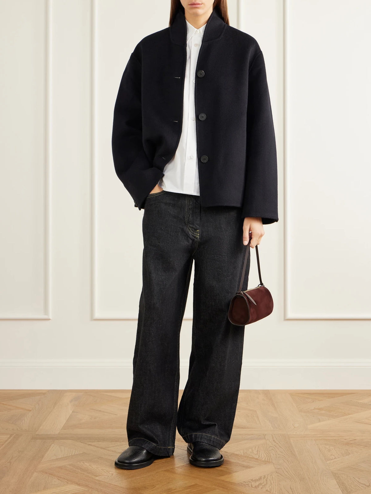 Image of Coats & Jackets. Product name - Rhine Wool Jacket in Navy colour by brand - Studio Nicholson