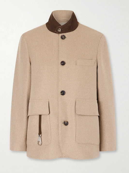 Image of Coats & Jackets. Product name - Suede-trimmed Silk-tweed Jacket in Beige colour by brand - Loro Piana