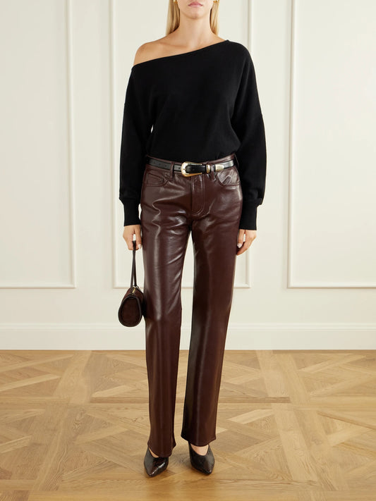 Image of a model wearing Pants. Product name - Genova Leather-blend Straight-leg Pants in Burgundy colour by brand - Citizens of Humanity