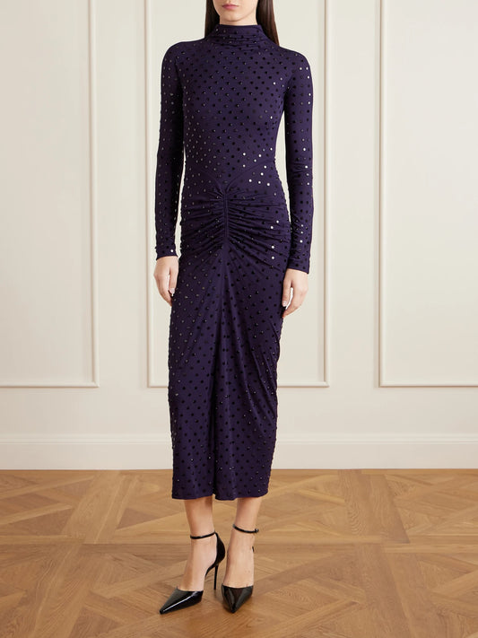 Image of Dresses. Product name - Gathered Crystal-embellished Jersey Midi Dress in Dark purple colour by brand - Alaïa