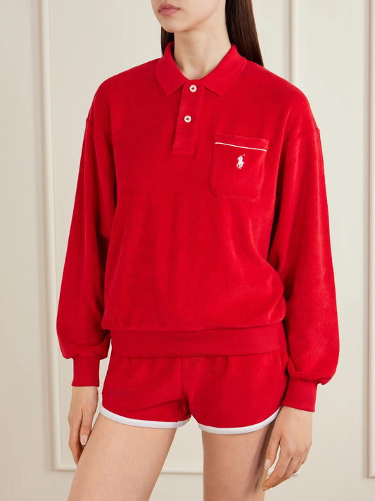 Embroidered Cotton-blend Terry Polo Sweater