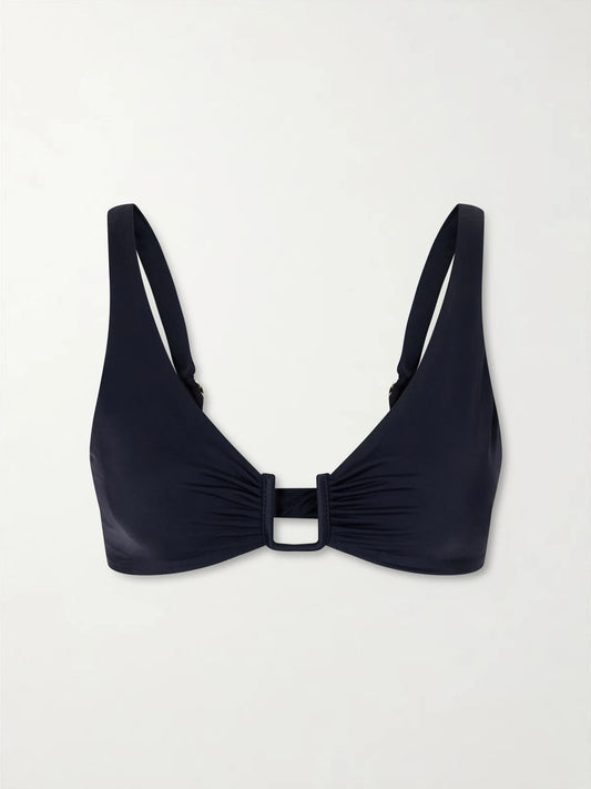 Image of Swimwear. Product name - Palma Embellished Gathered Bikini Top in Black colour by brand - Away That Day