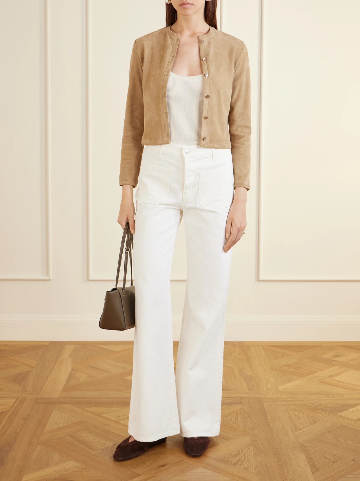 Image of Coats & Jackets. Product name - Astrid Suede Cardigan in Beige colour by brand - STOULS
