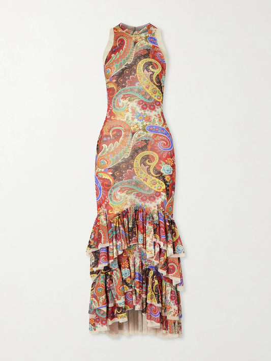 Ruffled Paisley-print Chiffon Midi Dress