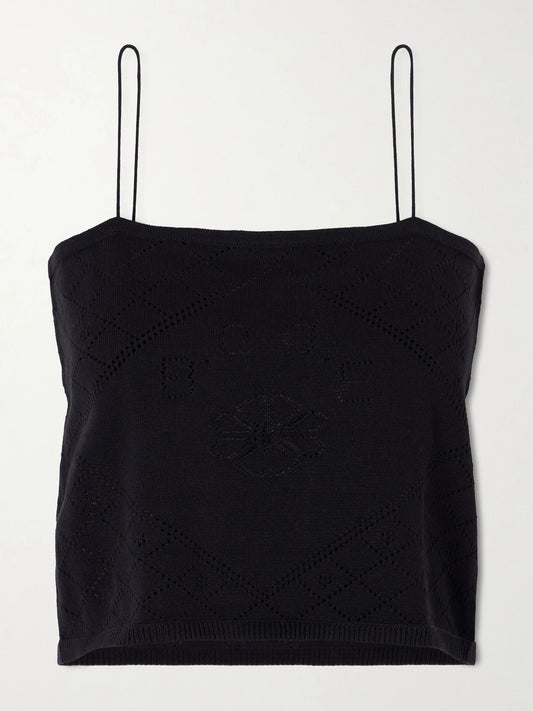 Image of a model wearing Tops. Product name - Anisette Cropped Embroidered Cotton Tank Top in Black colour by brand - BODE