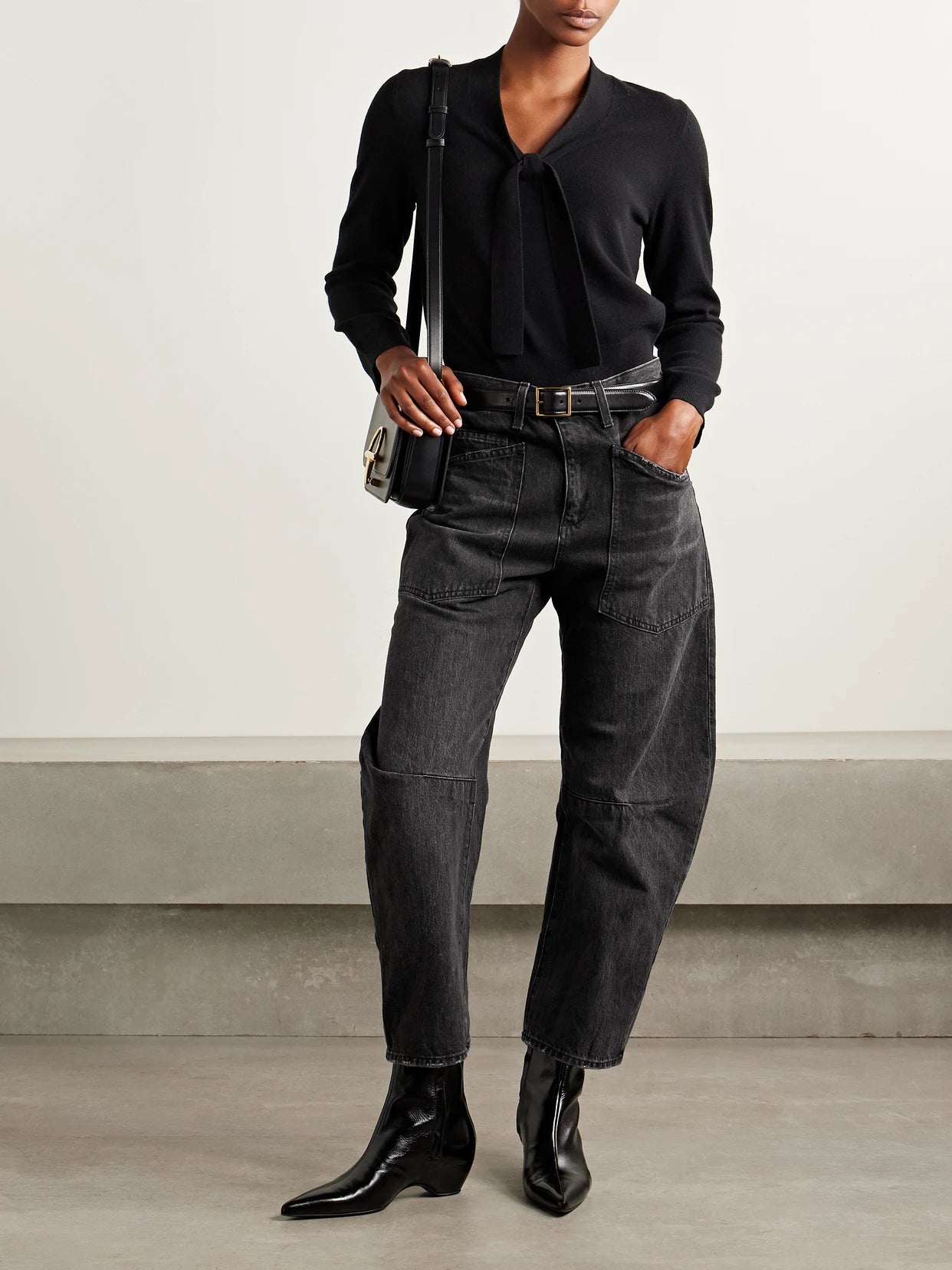 Image of Jeans. Product name - Shon Mid-rise Barrel-leg Jeans in Black colour by brand - Nili Lotan