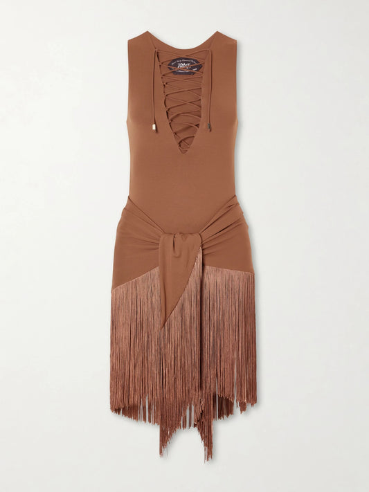 Image of Swimwear. Product name - Sahara Tie-detailed Stretch-jersey One-piece in Brown colour by brand - Taller Marmo