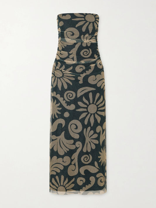 Image of Dresses. Product name - Daphne Ruched Printed Mesh Midi Dress in Black colour by brand - Cala de la Cruz