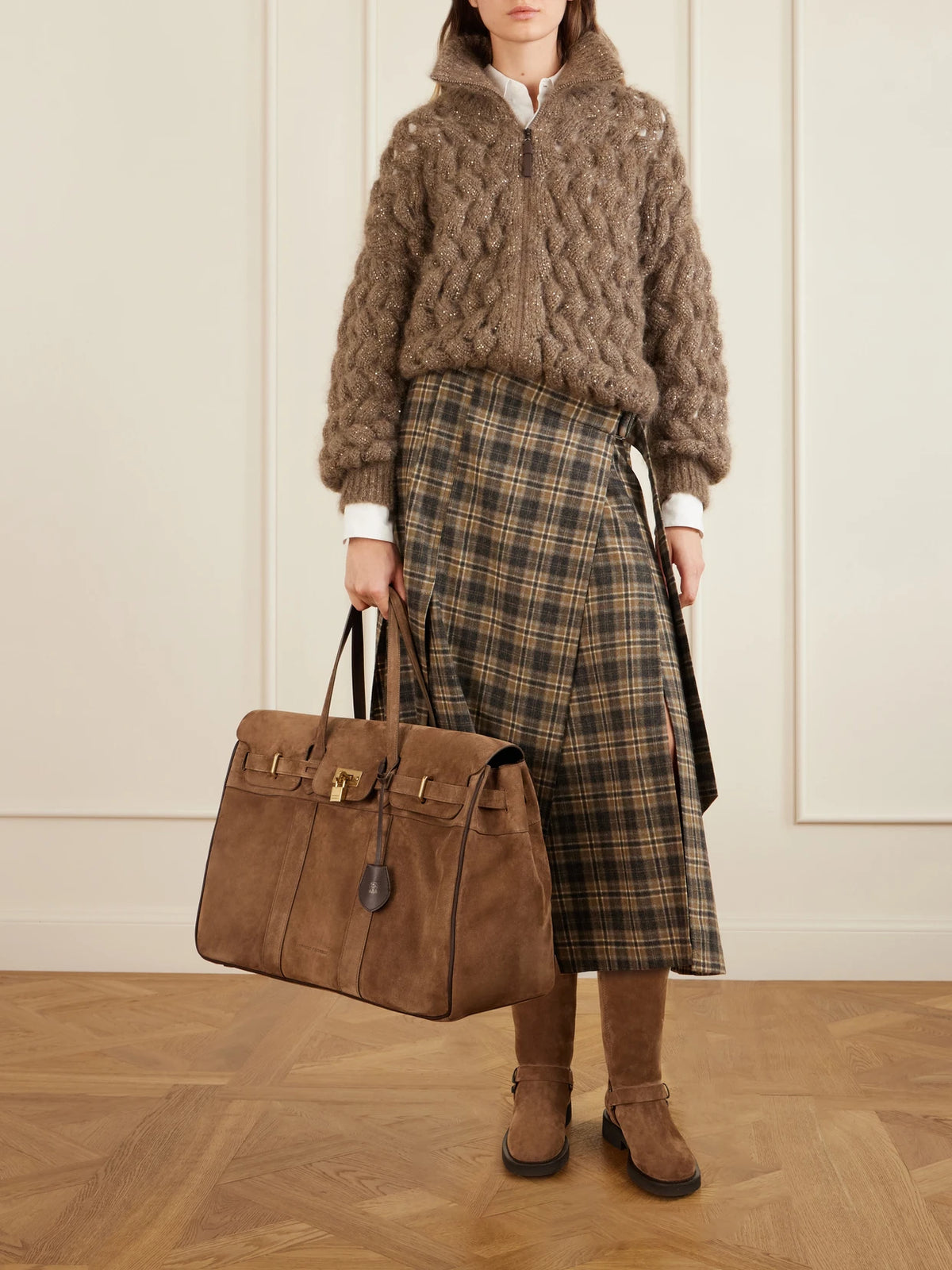 Image of Bags. Product name - Suede Weekend Bag in Light brown colour by brand - Brunello Cucinelli