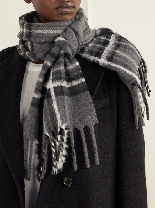 Image of Scarves & Shawls. Product name - Mull Fringed Checked Wool, Cashmere And Silk-blend Scarf in Gray colour by brand - Johnstons of Elgin