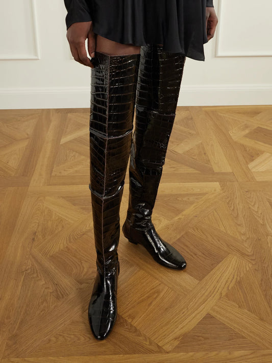 Magda Butrym Paneled Croc-effect Leather Over-the-knee Boots