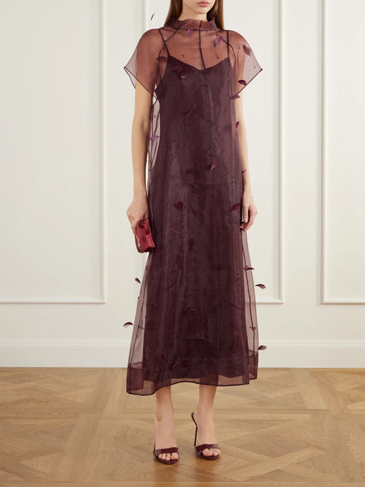 Image of Dresses. Product name - Pauline Feather-embellished Organza Midi Dress in Burgundy colour by brand - SIMKHAI