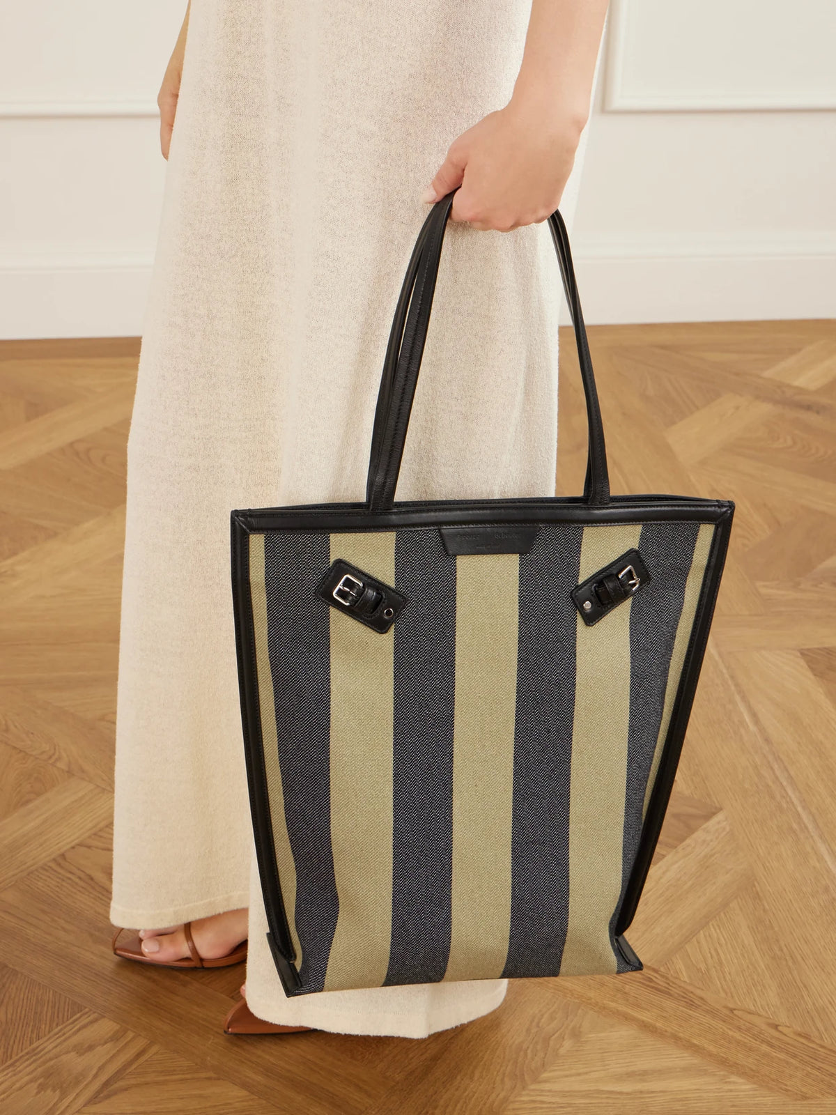 Image of Bags. Product name - North South Days Striped Leather-trimmed Canvas Tote in Army green colour by brand - Proenza Schouler