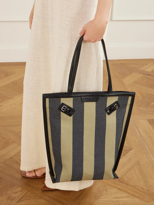 Image of Bags. Product name - North South Days Striped Leather-trimmed Canvas Tote in Army green colour by brand - Proenza Schouler