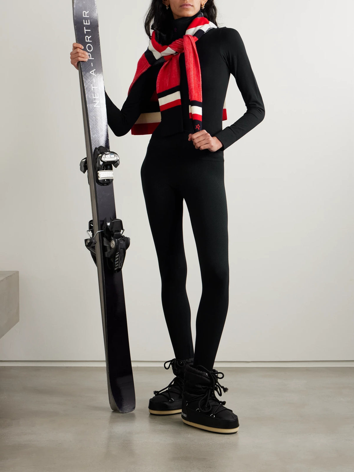 Image of a model wearing Pants. Product name - Ribbed Thermal Modal-blend Leggings in Black colour by brand - Perfect Moment