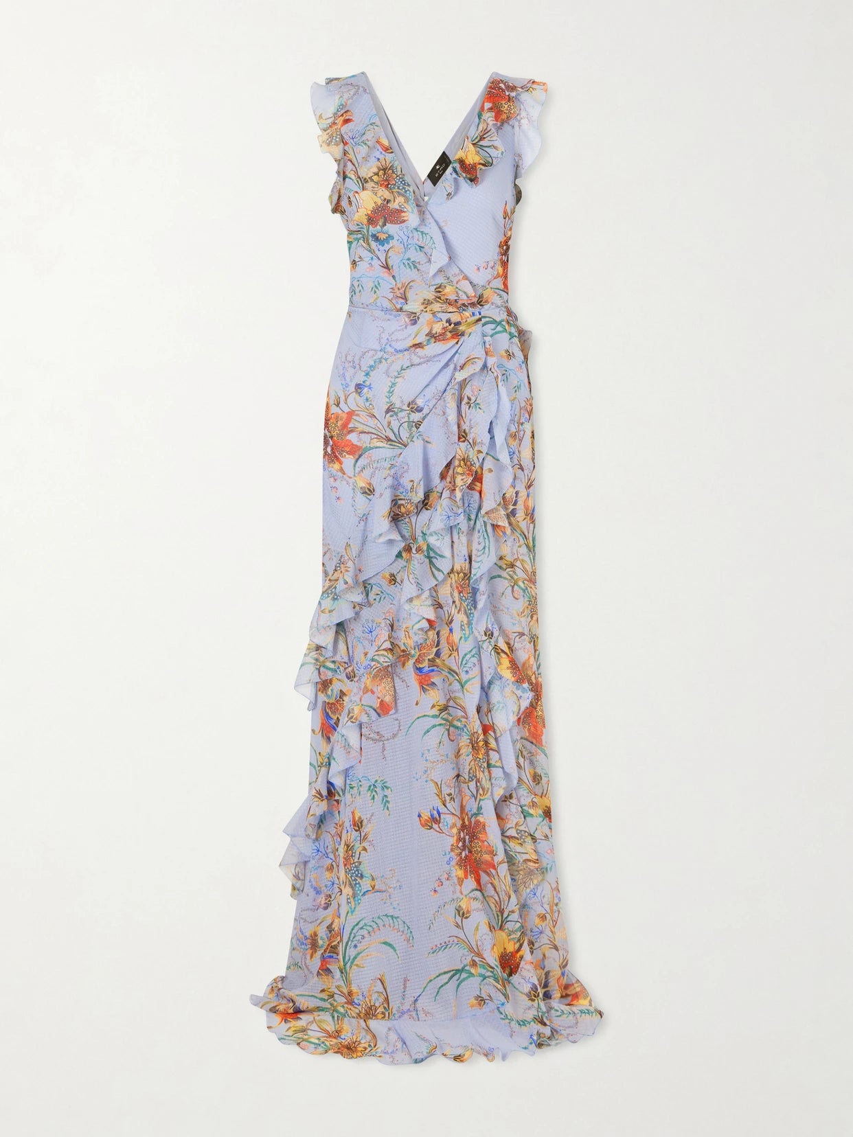 Image of Dresses. Product name - Ruffled Tiered Paisley And Floral-print Satin Maxi Dress in Light blue colour by brand - Etro