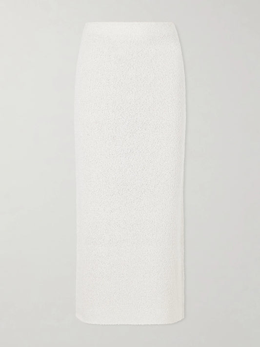 Image of a model wearing Skirts. Product name - Terranova Silk Midi Skirt in Off-white colour by brand - Gabriela Hearst