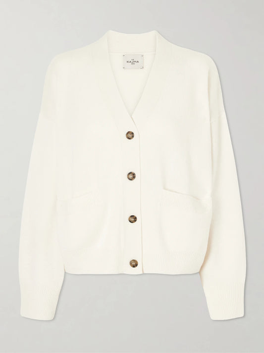 Image of a model wearing Outerwear. Product name - Troyes Organic Cashmere Cardigan in White colour by brand - Le Kasha