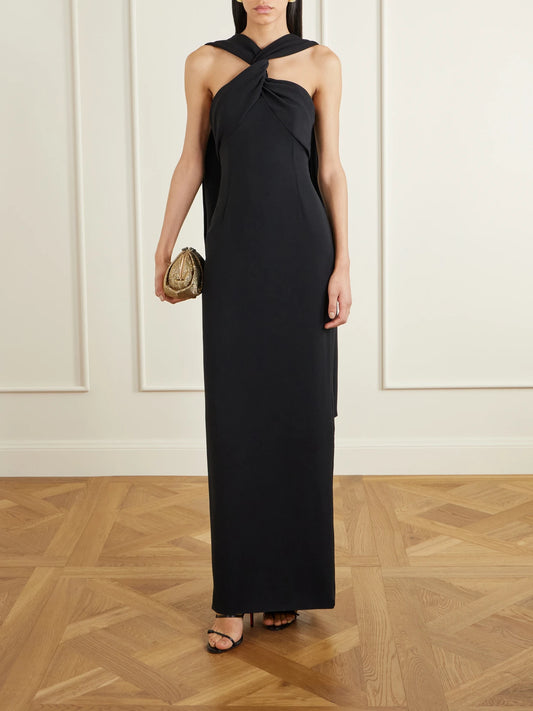 Image of Dresses. Product name - Rona Twisted Crepe Halterneck Gown in Black colour by brand - Solace London