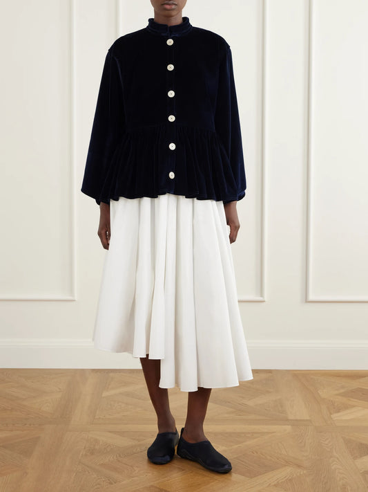 Image of a model wearing Tops. Product name - Gathered Cotton-velvet Blouse in Navy colour by brand - Les Vacances D'Irina