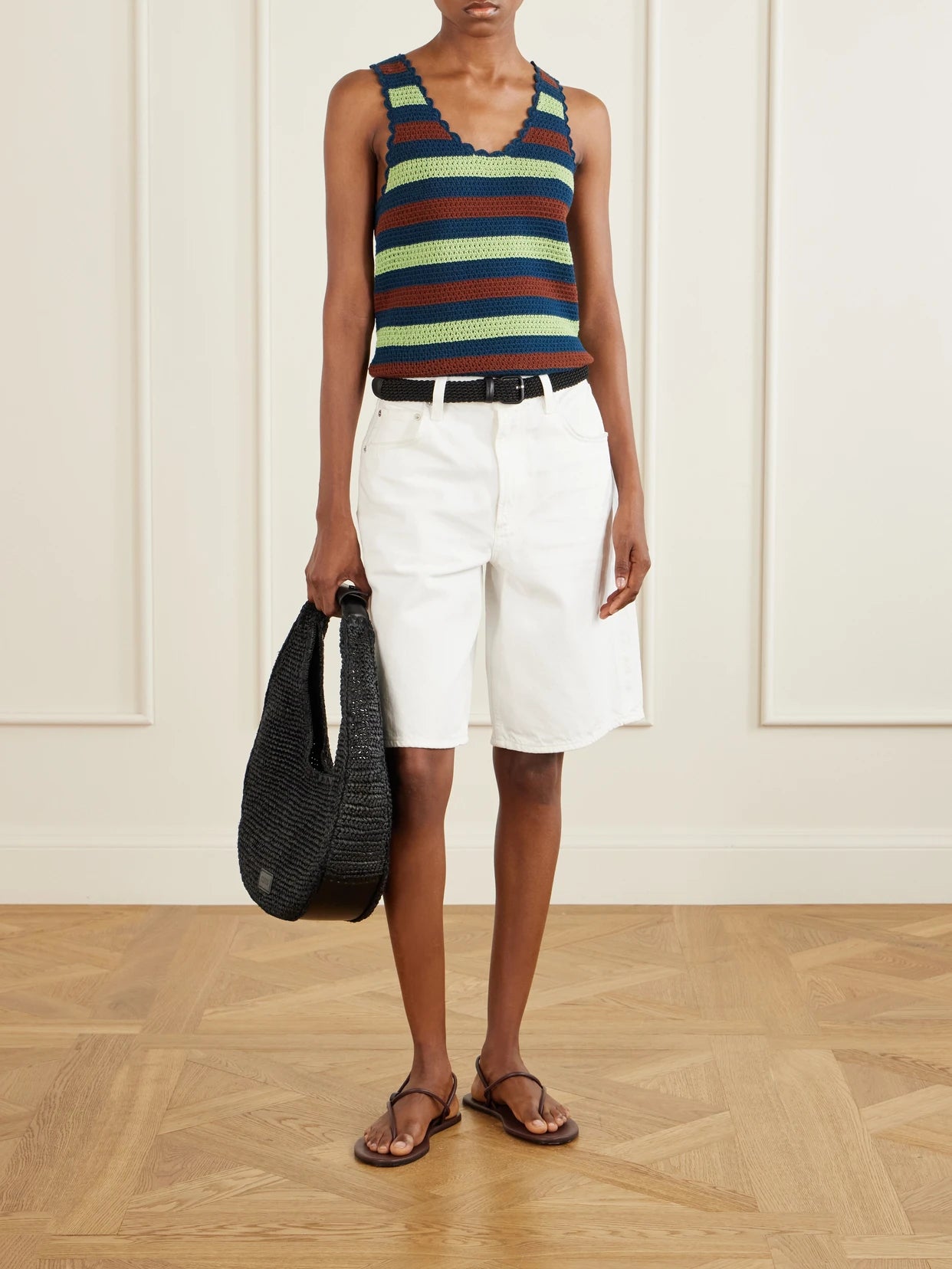 Image of a model wearing Tops. Product name - Santos Striped Crocheted Cotton Tank in Multi colour by brand - ESCVDO