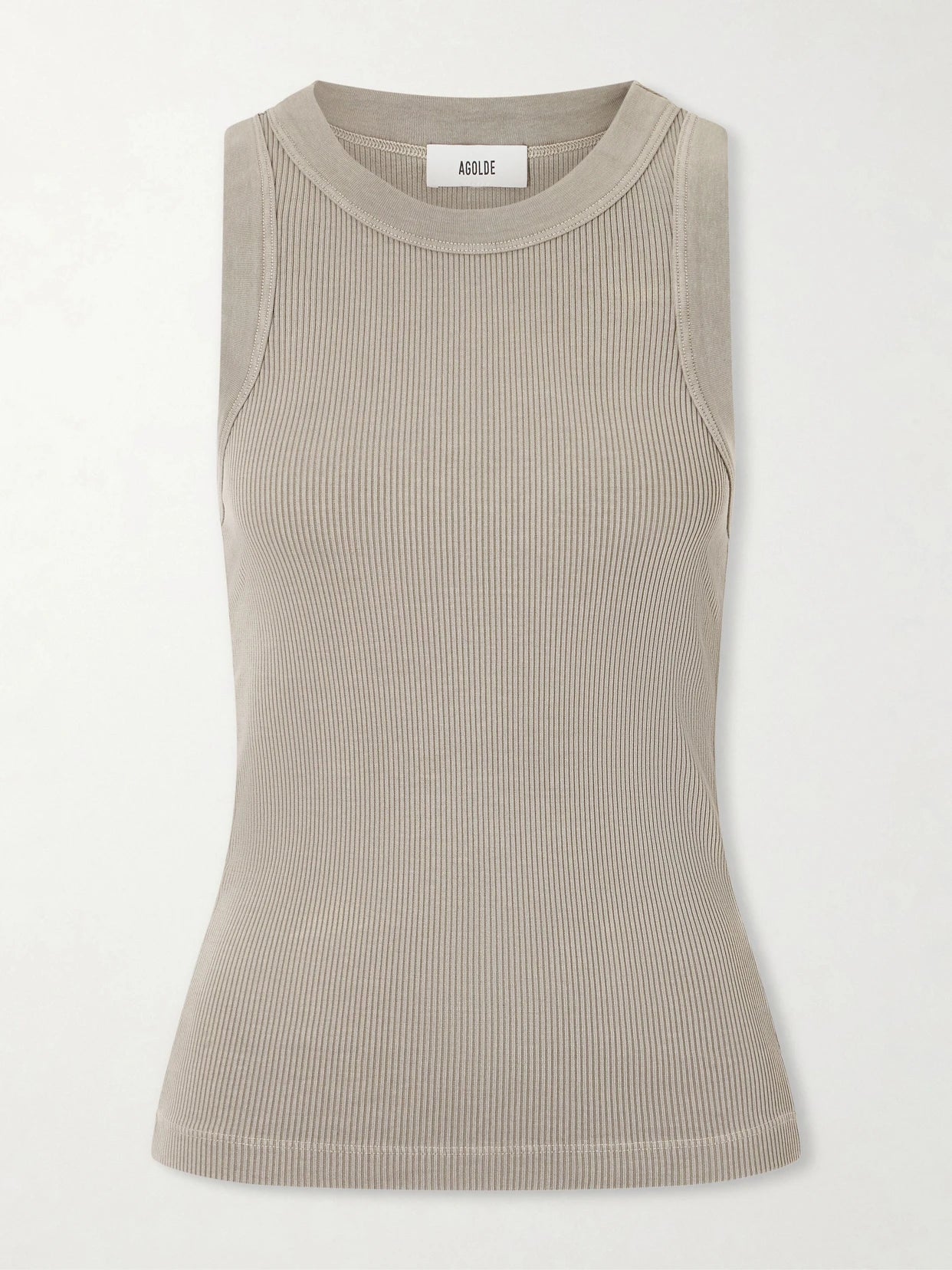 Image of a model wearing Tops. Product name - Leigh Ribbed Organic Cotton And Tencel Lyocell-blend Jersey Tank in Taupe colour by brand - AGOLDE