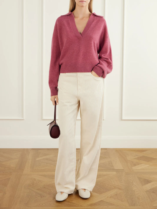 Image of a model wearing Outerwear. Product name - Jacksob Cashmere Sweater in Purple colour by brand - Le Kasha