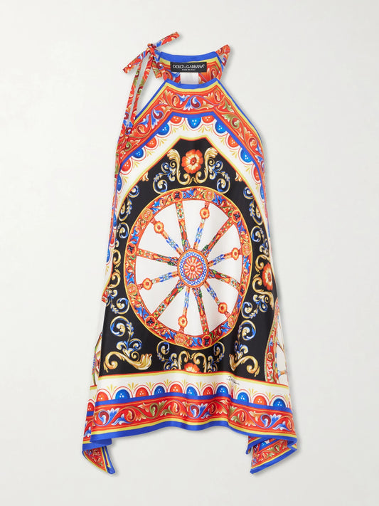 Image of a model wearing Tops. Product name - Carretto Printed Halterneck Satin Top in Red colour by brand - Dolce & Gabbana