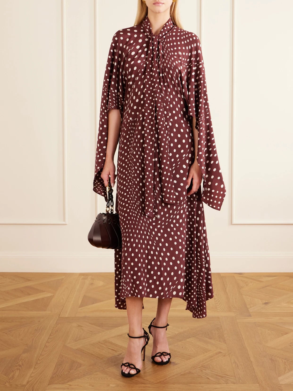 Image of Dresses. Product name - Tie-detailed Draped Polka-dot Silk Midi Dress in Burgundy colour by brand - Stella McCartney