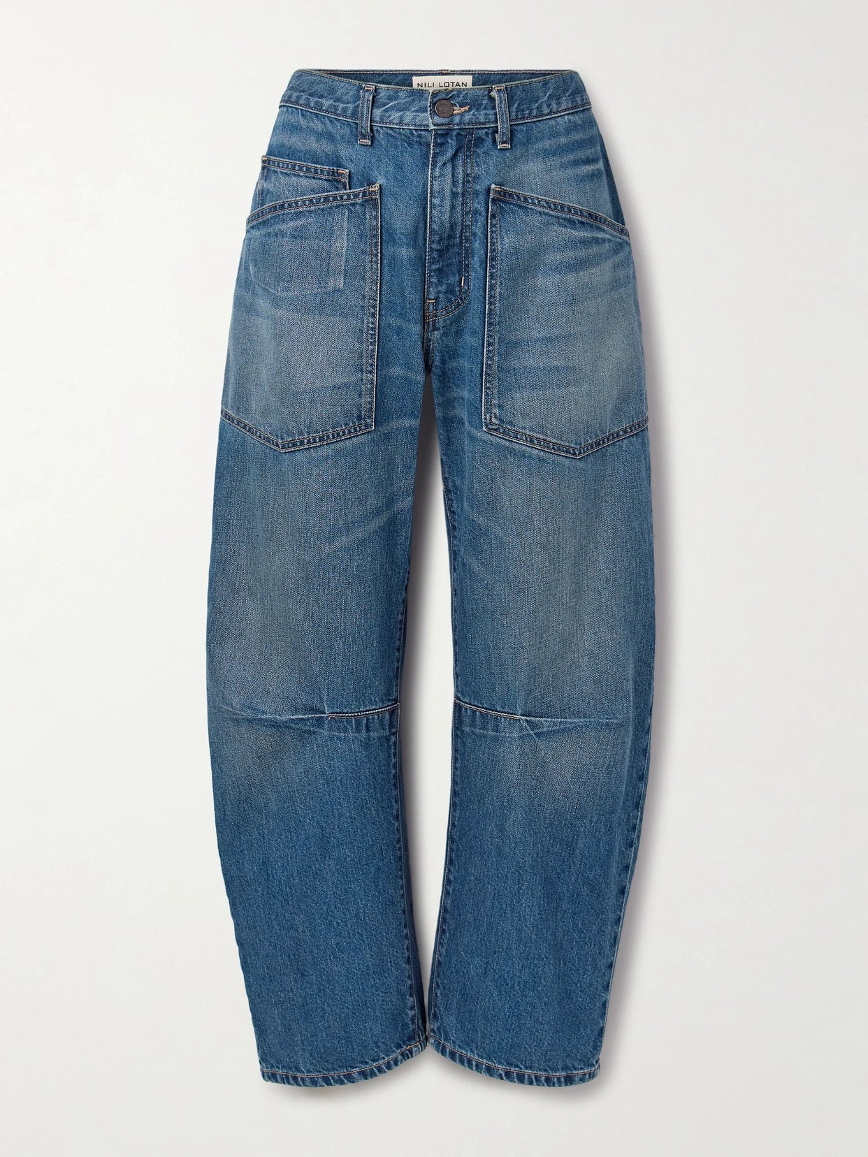 Image of Jeans. Product name - Shon High-rise Barrel-leg Jeans in Mid denim colour by brand - Nili Lotan