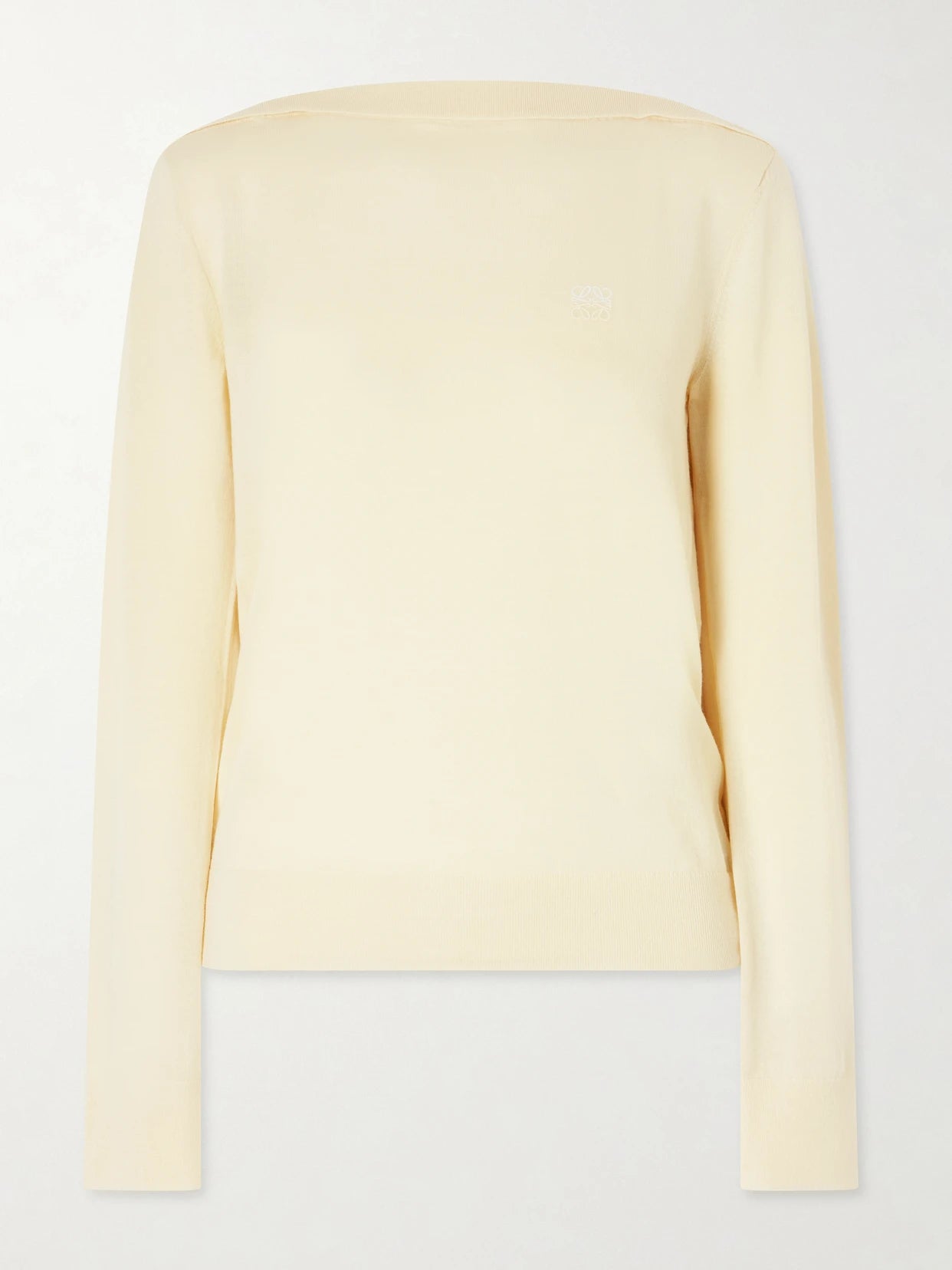Image of a model wearing Outerwear. Product name - Anagram-embroidered Wool-blend Sweater in Pastel yellow colour by brand - LOEWE