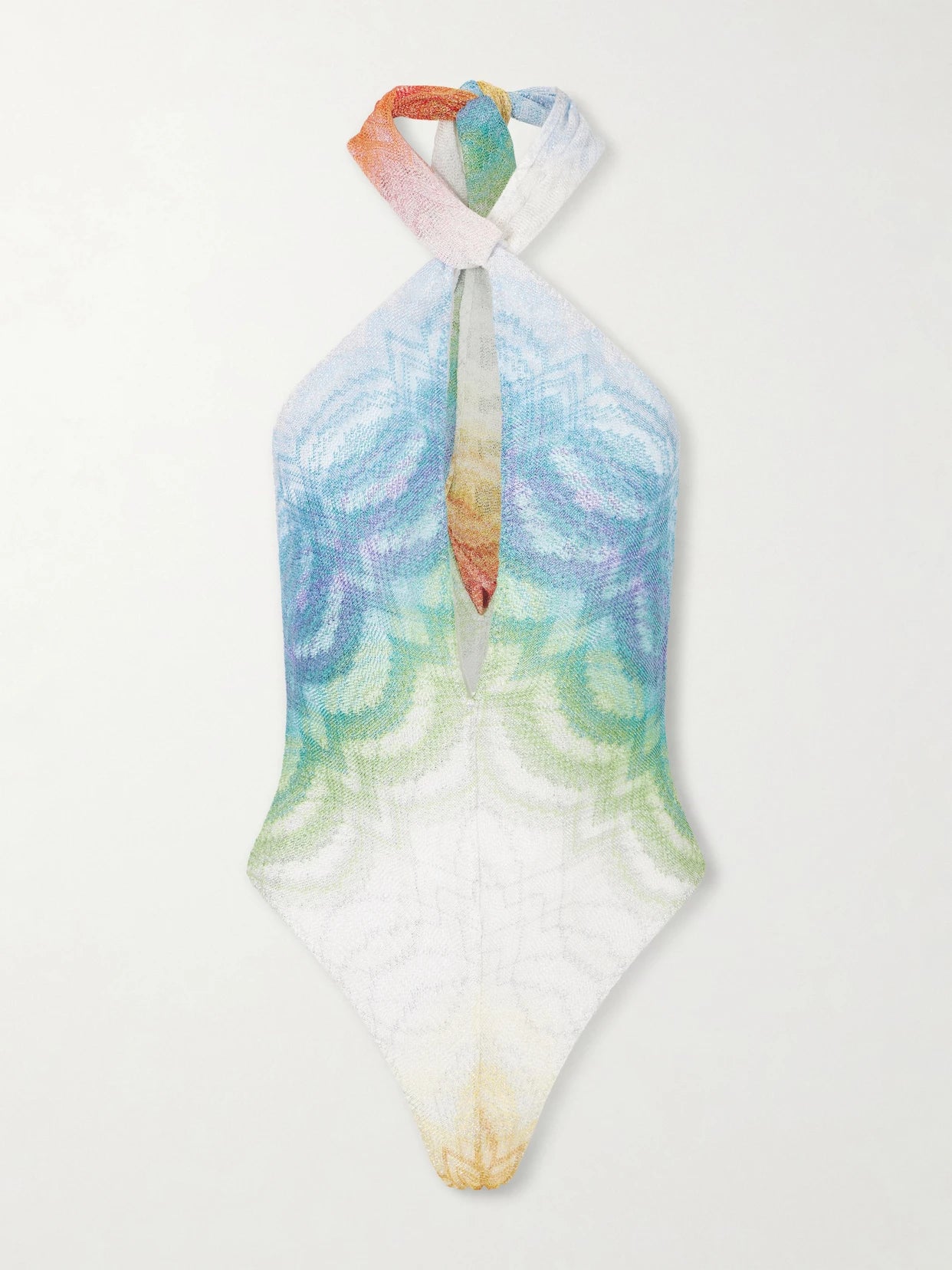 Image of Swimwear. Product name - Halterneck Metallic Crochet-knit Swimsuit in Blue colour by brand - Missoni