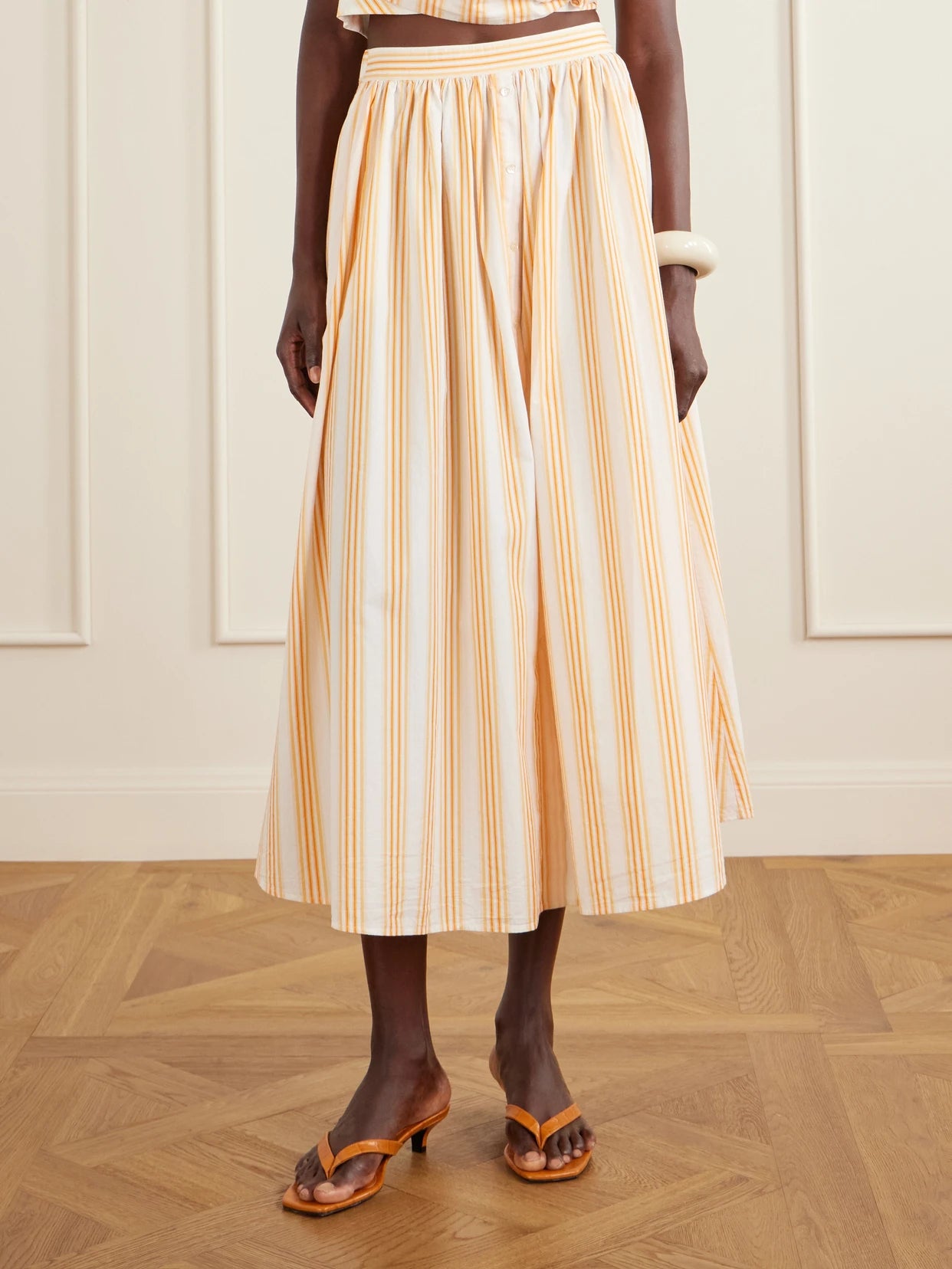 Easy Does It Pleated Striped Cotton-poplin Midi Skirt