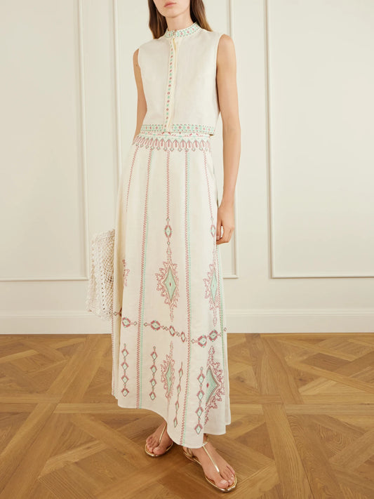 Image of a model wearing Tops. Product name - Andorra Astragal Mare Embroidered Linen And Cotton-blend Top in Cream colour by brand - Emporio Sirenuse