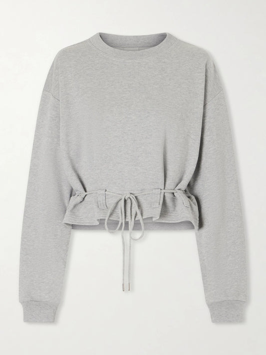 Image of a model wearing Tops. Product name - Ruffled Cotton-jersey Sweatshirt in Gray colour by brand - Dries Van Noten
