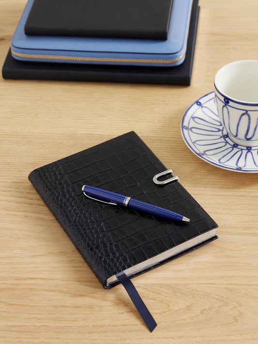 Image of Decor. Product name - Mara Croc-effect Leather Notebook in Navy colour by brand - Smythson