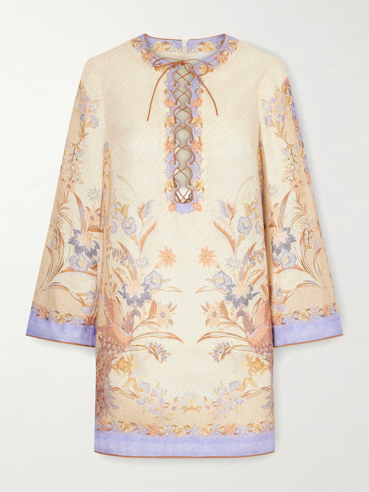 Image of Dresses. Product name - Indra Printed Linen Mini Dress in Multi colour by brand - Zimmermann