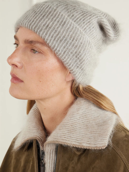 Image of Hats. Product name - Brushed Ribbed Mohair-blend Beanie in Beige, Dark brown colour by brand - Brunello Cucinelli