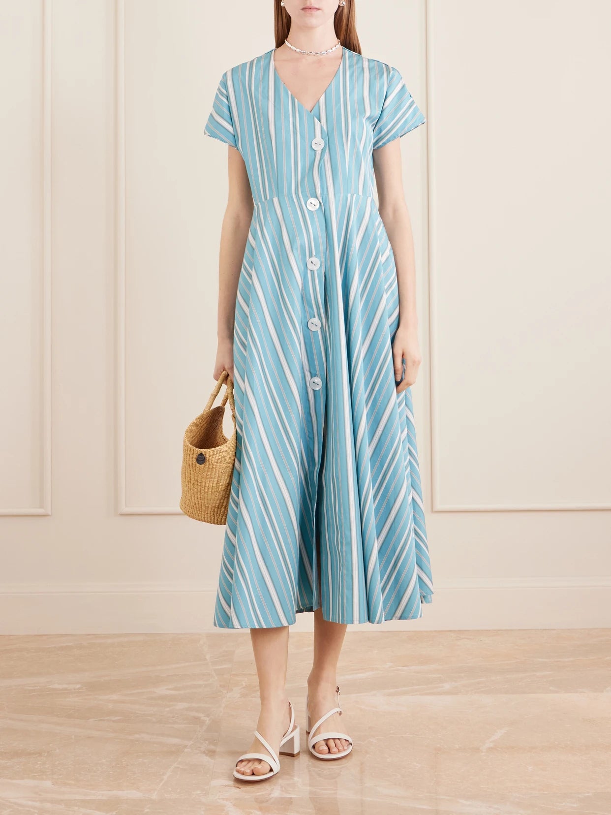 Image of Dresses. Product name - Cassandra Striped Cotton-poplin Midi Dress in Blue colour by brand - Thierry Colson