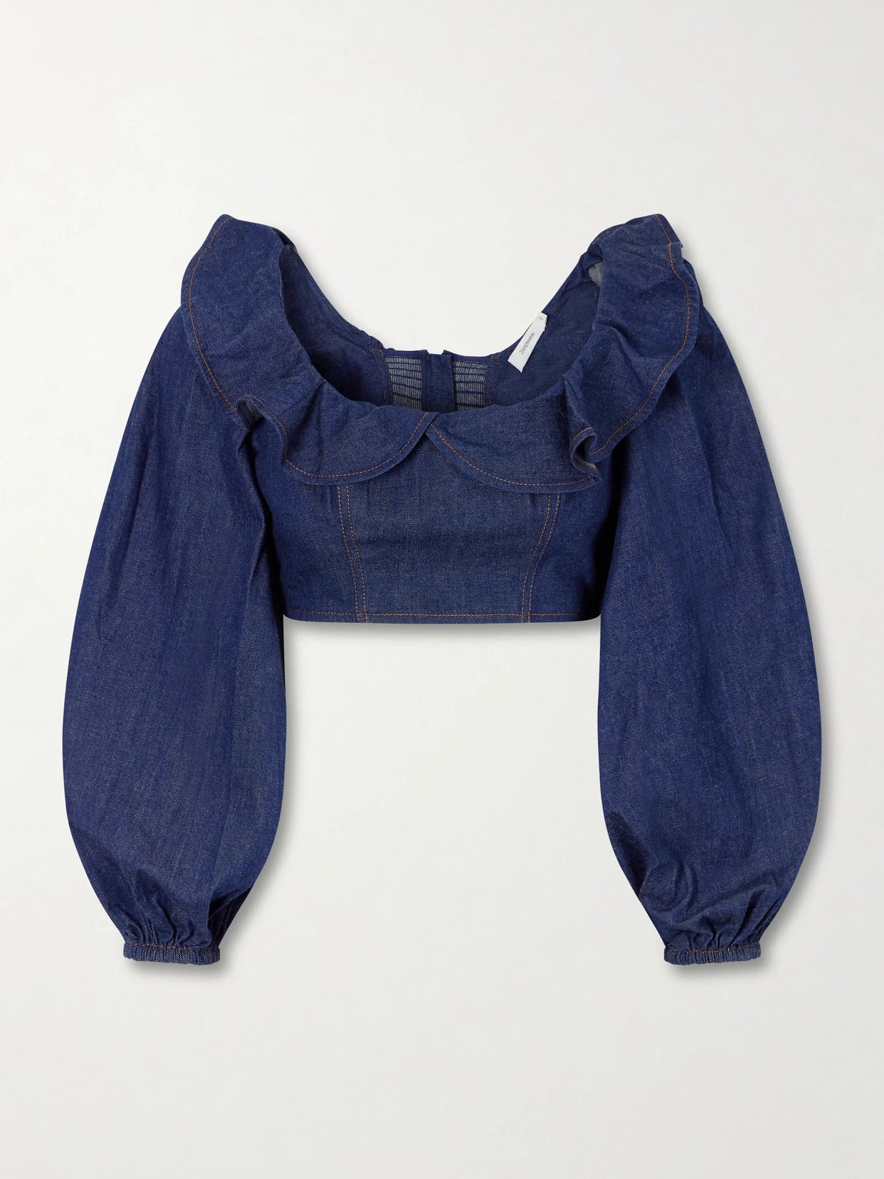 Image of Jeans. Product name - Aster Cotton-denim Frill Top in Blue colour by brand - Zimmermann