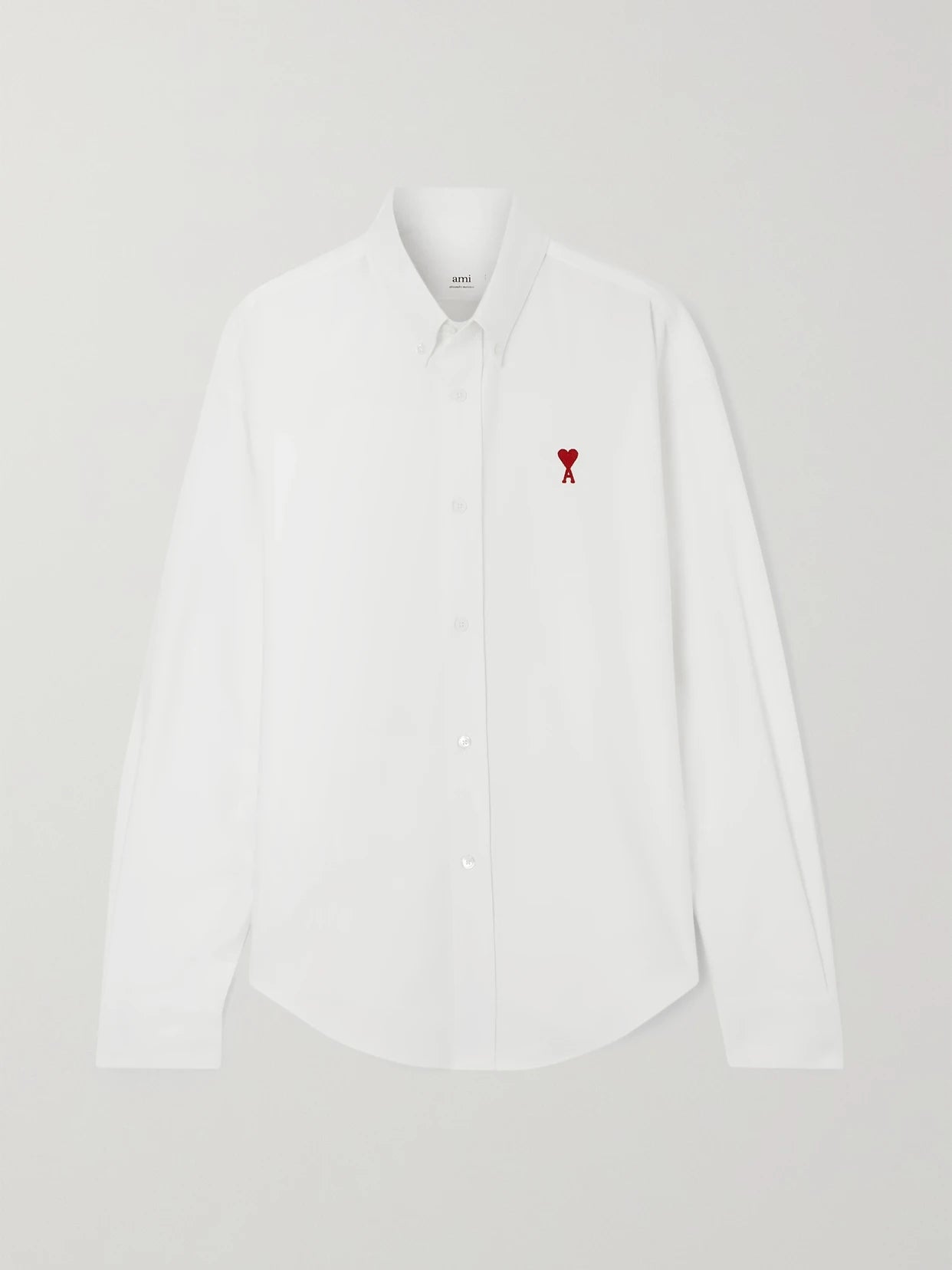 Image of a model wearing Tops. Product name - Adc Embroidered Cotton Oxford Shirt in White colour by brand - AMI PARIS
