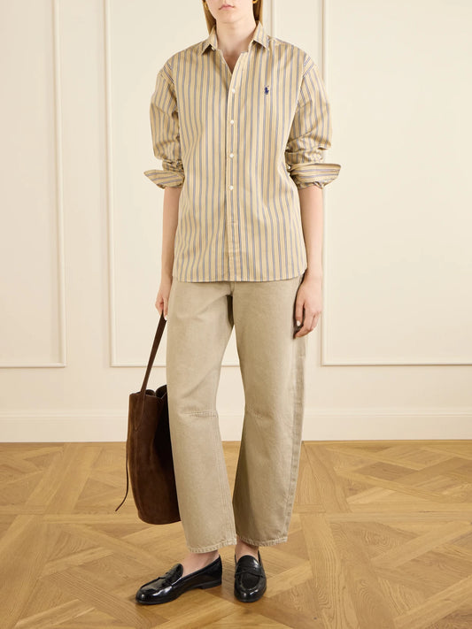 Image of a model wearing Tops. Product name - Logo-embroidered Striped Cotton Shirt in Tan colour by brand - Polo Ralph Lauren