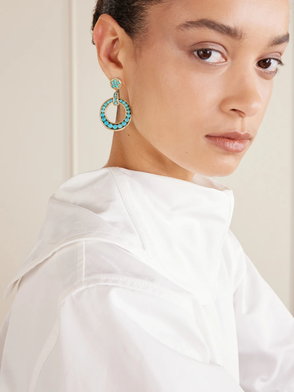 Image of Earrings. Product name - 18-karat Gold Diamond And Turquoise Earrings in Multi colour by brand - Ileana Makri