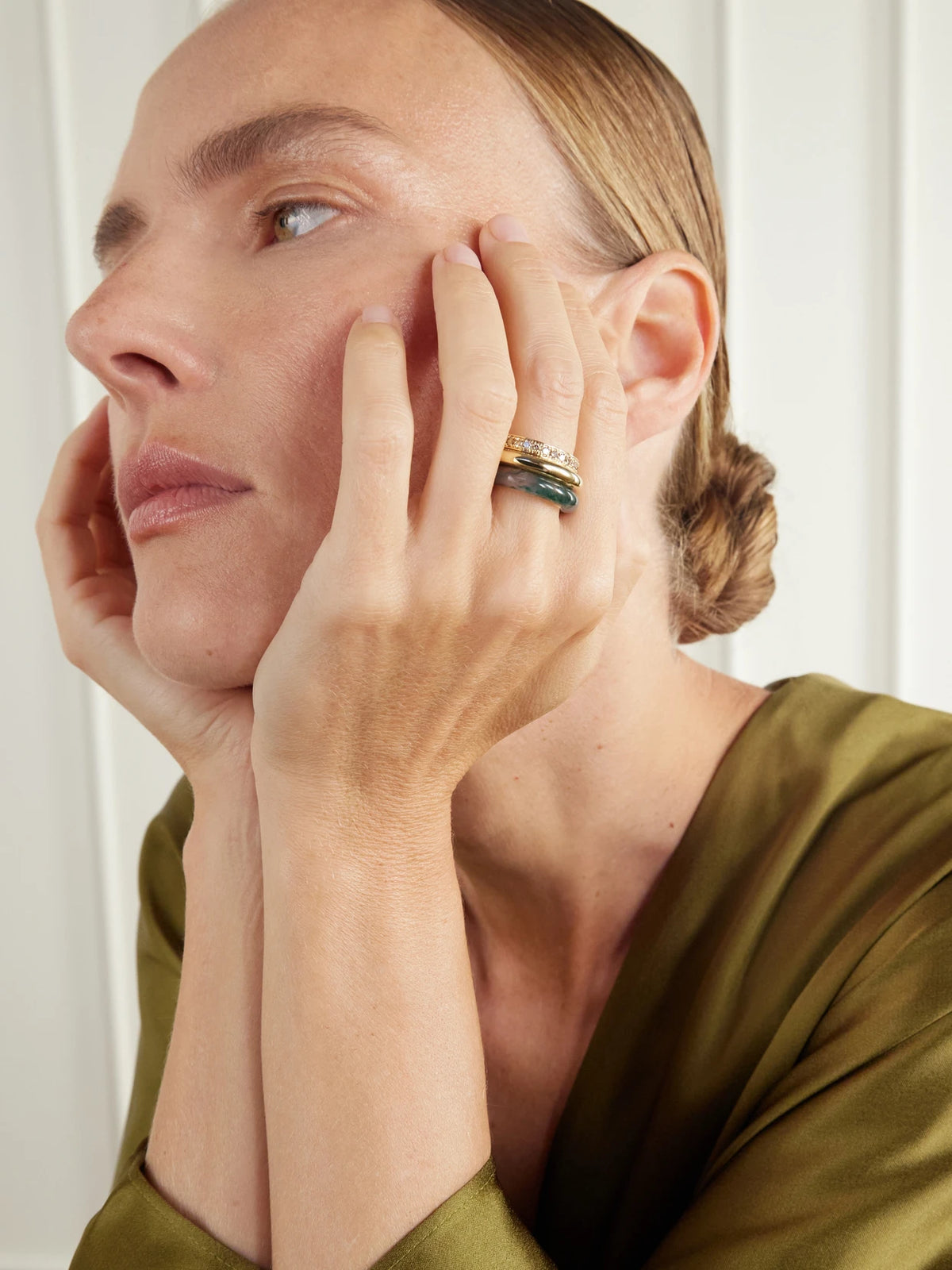 Image of Rings. Product name - Set Of Three Kalahari 14-karat Recycled Gold, Champagne Diamond And Agate Rings in Green colour by brand - By Pariah
