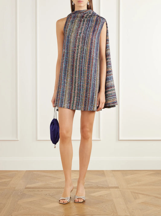 Image of Dresses. Product name - Sequin-embellished Striped Metallic Crochet-knit Mini Dress in Multi colour by brand - Missoni