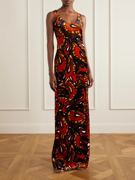 Image of Dresses. Product name - Printed Cotton-blend Velvet Maxi Dress in Brown colour by brand - Dries Van Noten