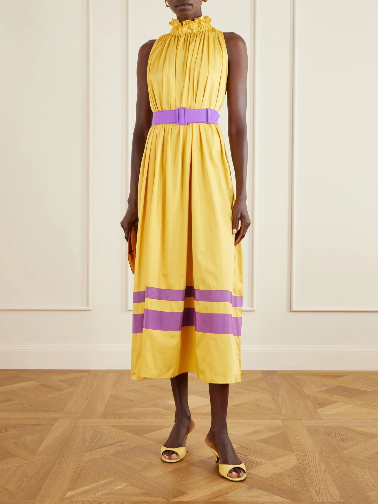 Image of Dresses. Product name - Camogli Belted Ruched Grosgrain-trimmed Cotton-poplin Halterneck Midi Dress in Gold colour by brand - Marta Ferri
