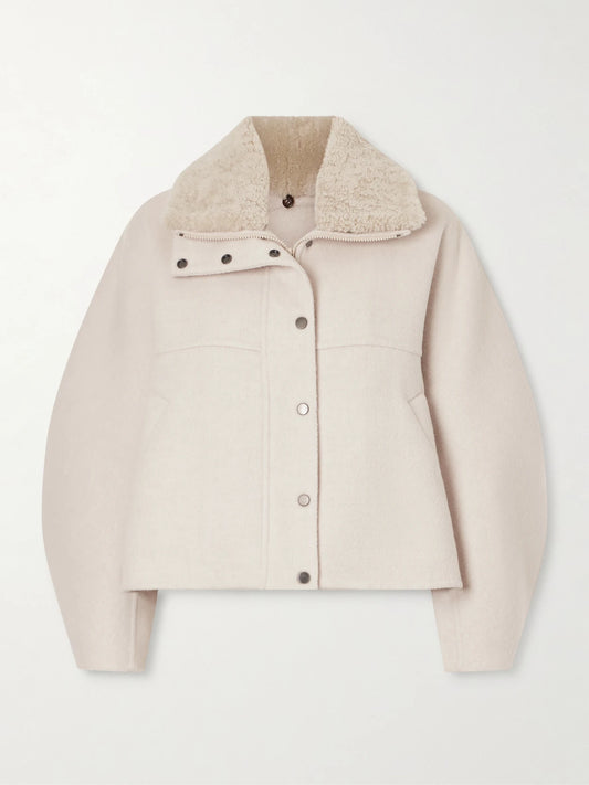 Image of Coats & Jackets. Product name - Shearling-trimmed Wool And Cashmere-blend Jacket in Off-white colour by brand - Brunello Cucinelli