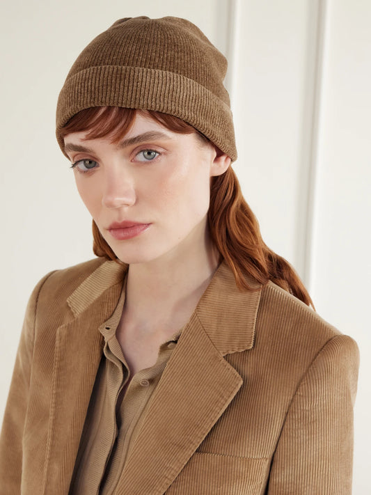 Image of Hats. Product name - Spire Ribbed Silk Beanie in Camel, Chocolate colour by brand - Gabriela Hearst
